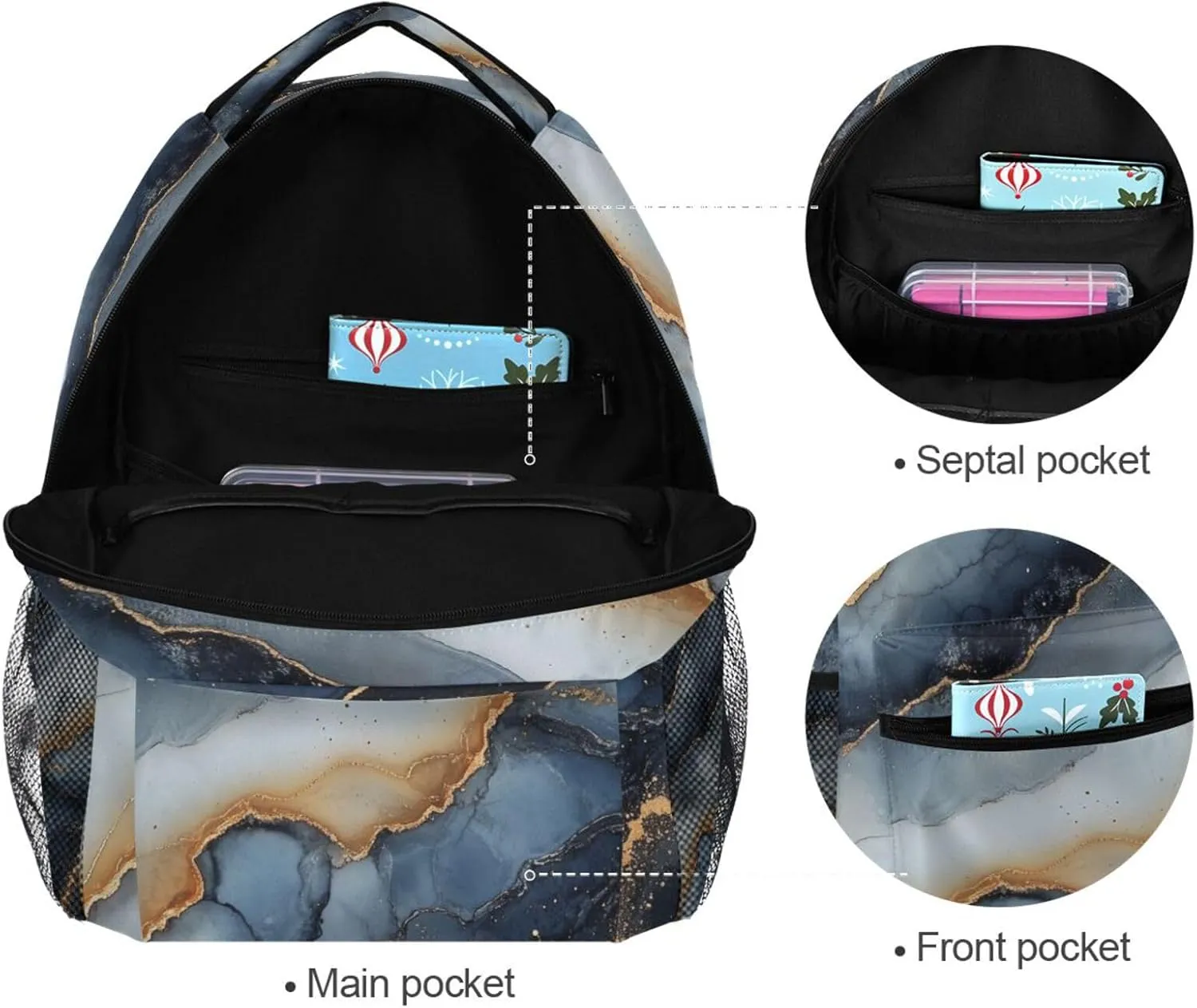Day Backpack for Teacher Nurse Fashion Laptop Bookbag with Chest Strap for College Work Marble Navy Blue Beige