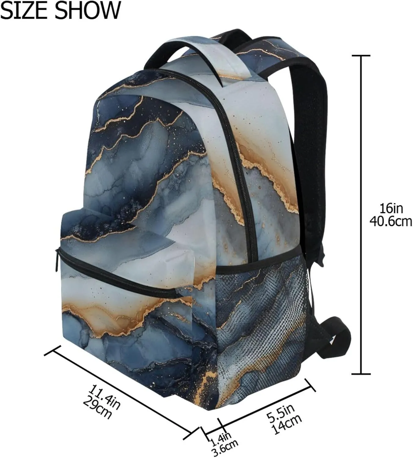 Day Backpack for Teacher Nurse Fashion Laptop Bookbag with Chest Strap for College Work Marble Navy Blue Beige
