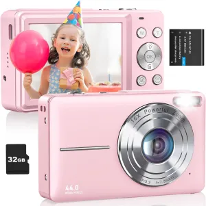 Digital Camera, FHD 1080P Kids Camera 44MP Point and Shoot Digital Cameras with 32GB Card, Lanyard, 16X Zoom Anti Shake, Vintage Portable Small Camera for Kids Boys Girls Teens Students, Pink