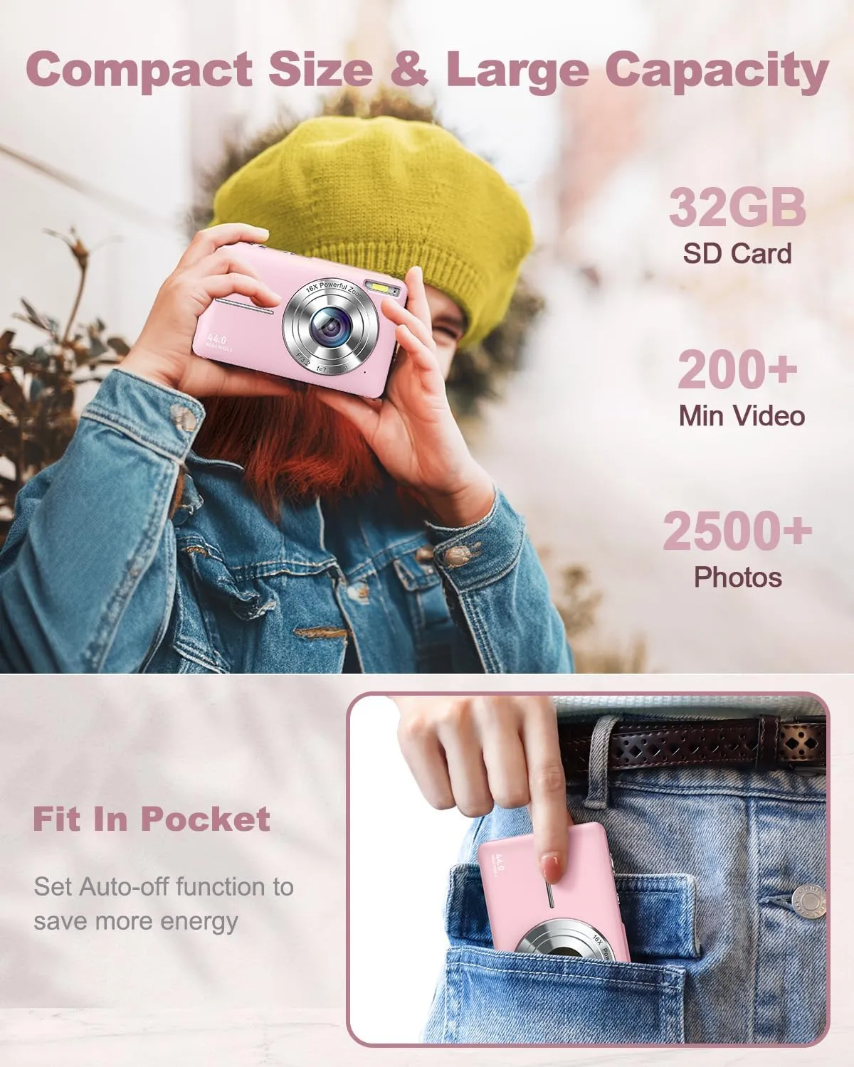 Digital Camera, FHD 1080P Kids Camera 44MP Point and Shoot Digital Cameras with 32GB Card, Lanyard, 16X Zoom Anti Shake, Vintage Portable Small Camera for Kids Boys Girls Teens Students, Pink
