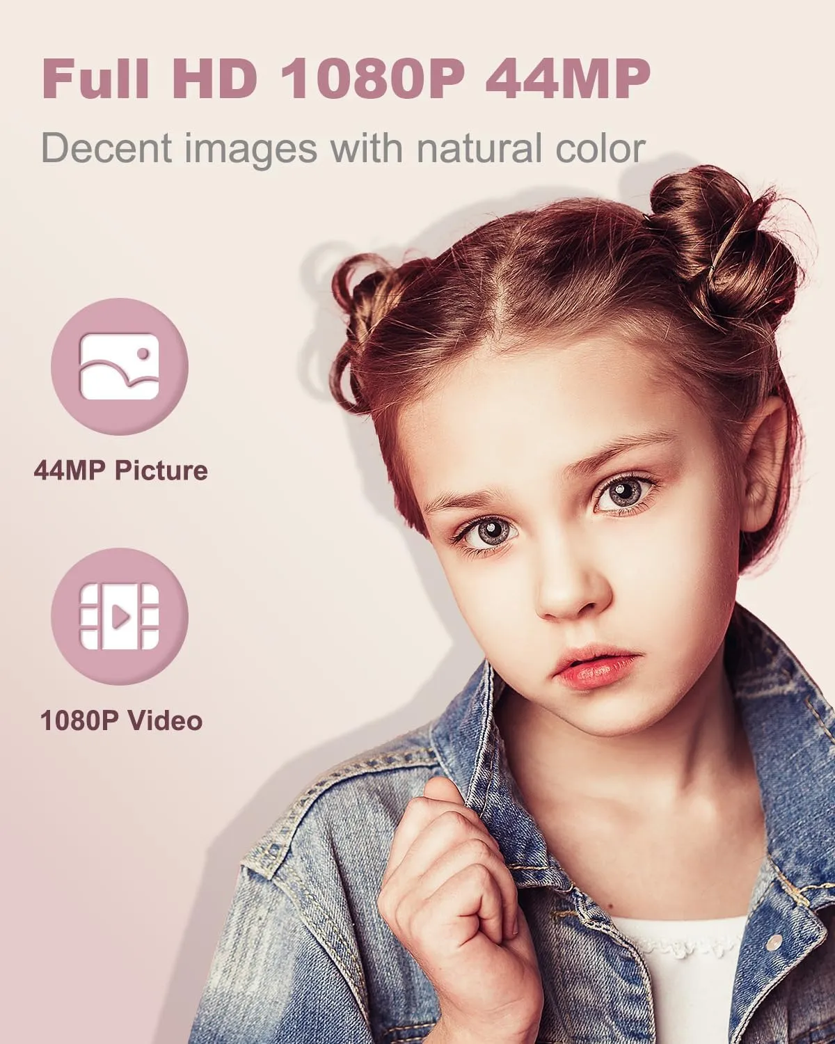 Digital Camera, FHD 1080P Kids Camera 44MP Point and Shoot Digital Cameras with 32GB Card, Lanyard, 16X Zoom Anti Shake, Vintage Portable Small Camera for Kids Boys Girls Teens Students, Pink