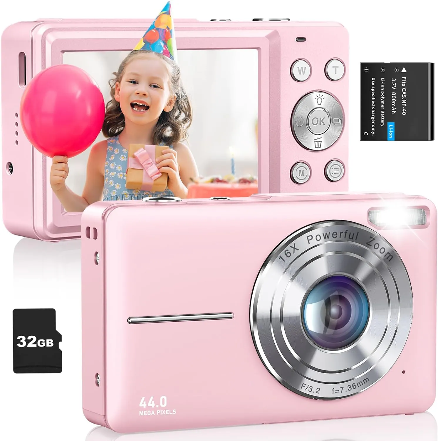 Digital Camera, FHD 1080P Kids Camera 44MP Point and Shoot Digital Cameras with 32GB Card, Lanyard, 16X Zoom Anti Shake, Vintage Portable Small Camera for Kids Boys Girls Teens Students, Pink