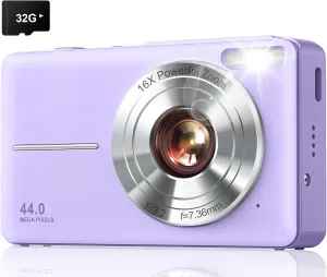 Digital Camera, Upgraded FHD 1080P Kids Camera with 32GB Card, 16X Zoom Time Stamp Anti Shake, Lanyard, 44MP Compact Portable Small Point and Shoot Camera for Kid Student Children Teen Girl(Purple)