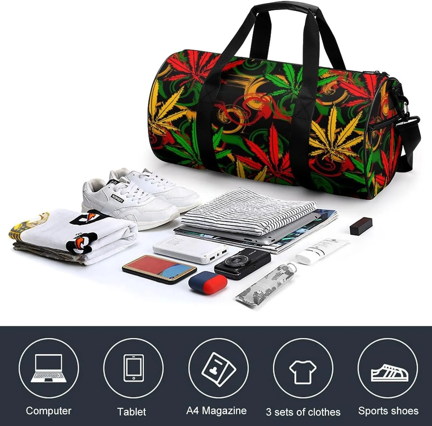 Distinct Tropical Weed Leaves Duffelbag Zipper Tote Bag Lightweight Duffelbag Picnic Bags Gym Satchel Travel Handbag Sports Duffel Bags 17.7in/9in/9in
