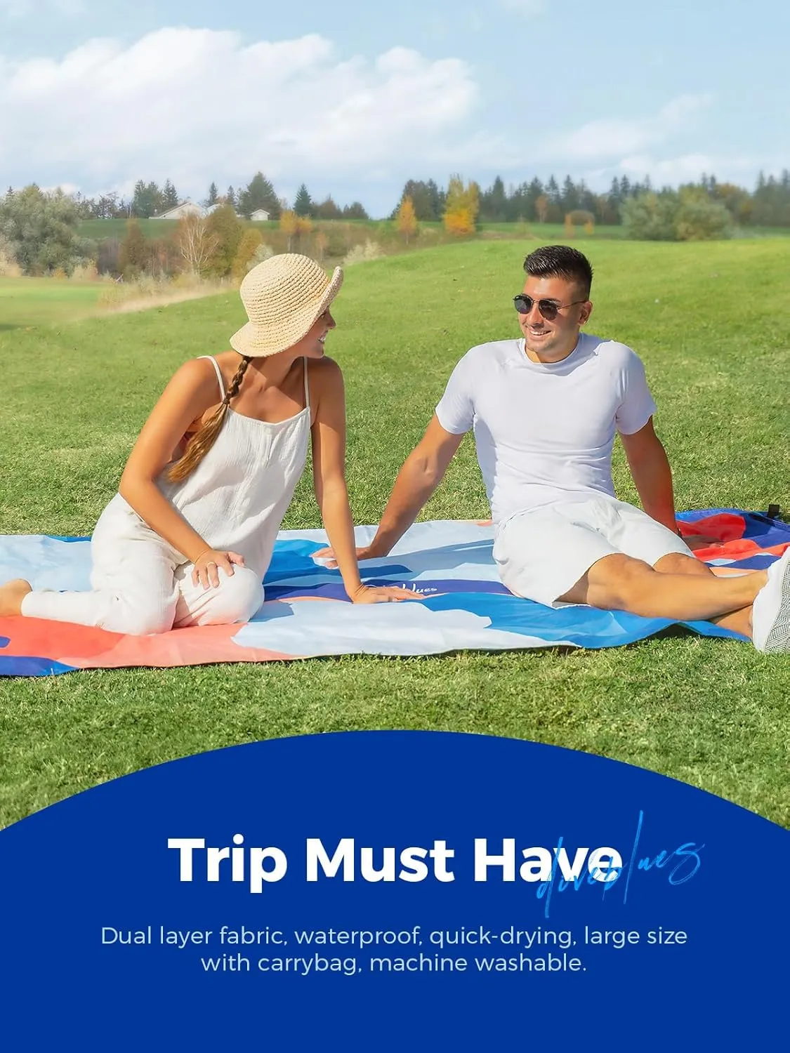 Diveblues Beach Picnic Blanket, Dual Layer, Sandproof Water Resistant Beach Blanket, Packable, Washable, Great for Camping, Outdoors, Festivals, 71"x95" Large Size for Family Trip