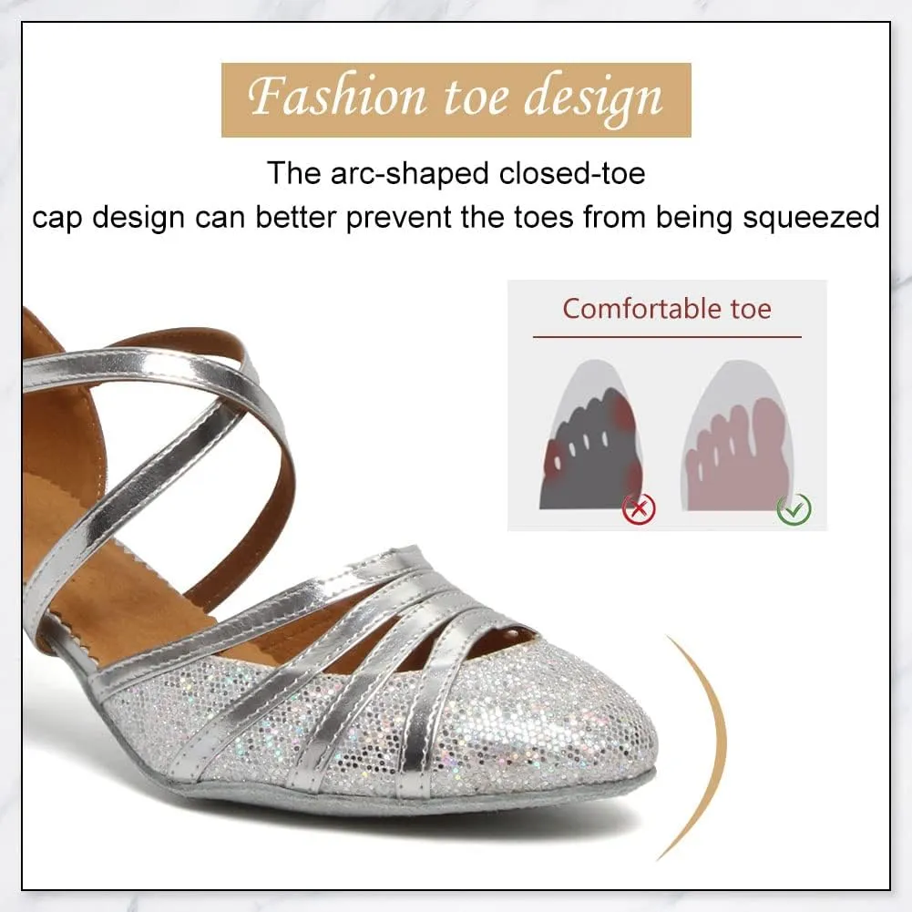 DKZSYIM Glitter Women Latin Dance Shoes Closed Toe Ballroom Salsa Tango Practice Performence Party Dancing Shoes,Model CMJ-512