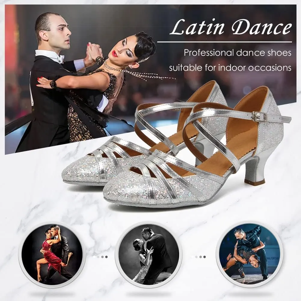 DKZSYIM Glitter Women Latin Dance Shoes Closed Toe Ballroom Salsa Tango Practice Performence Party Dancing Shoes,Model CMJ-512