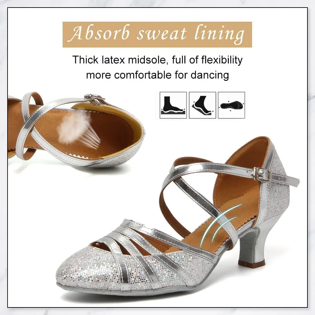 DKZSYIM Glitter Women Latin Dance Shoes Closed Toe Ballroom Salsa Tango Practice Performence Party Dancing Shoes,Model CMJ-512