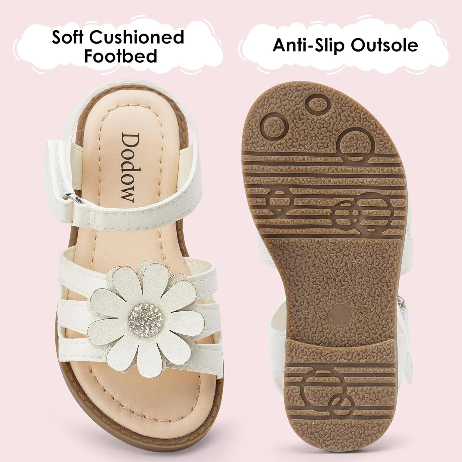 Dodow Girls Sandals Open Toe Hook and Loop Flat Dress Sandals Summer Shoes for Toddler Little Kid
