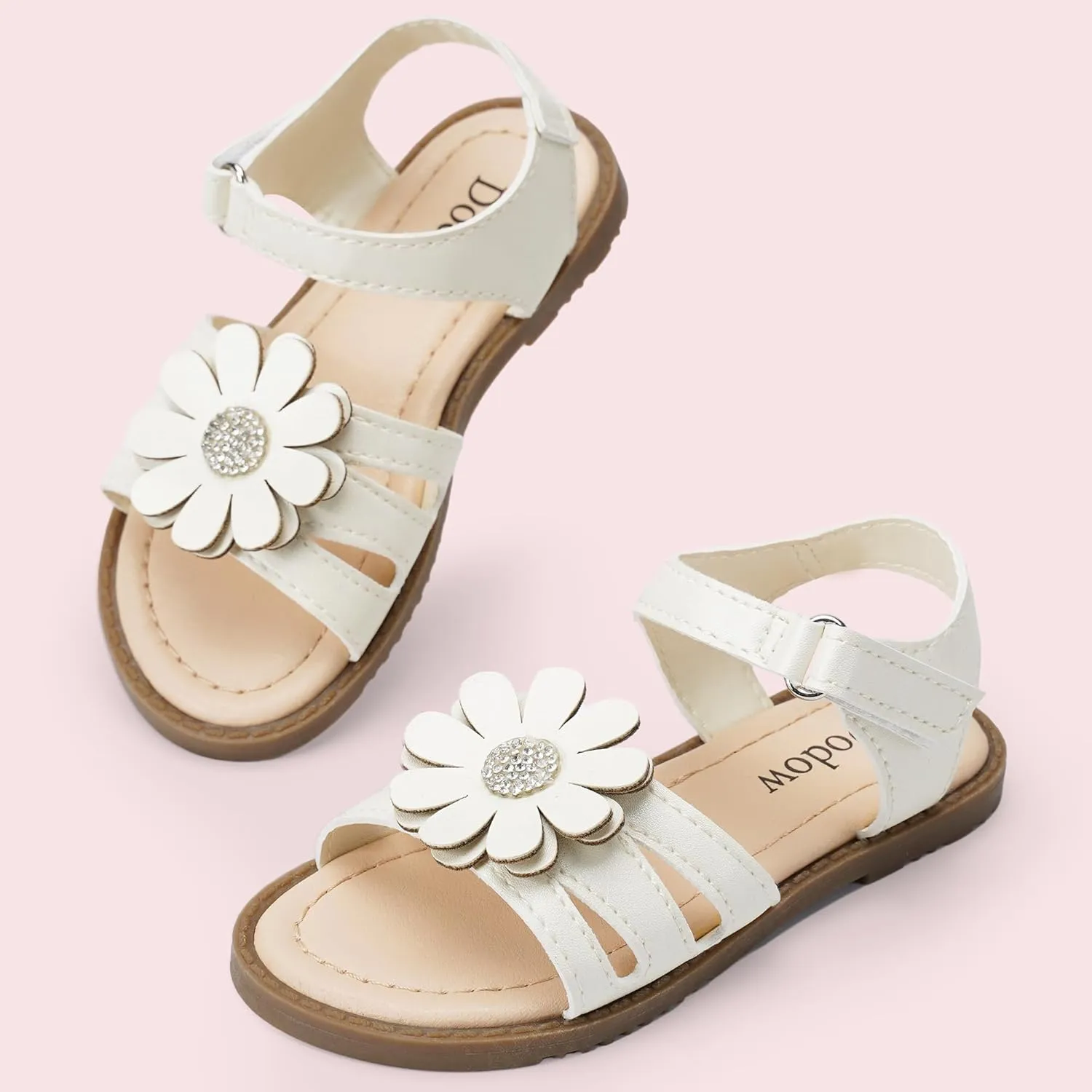 Dodow Girls Sandals Open Toe Hook and Loop Flat Dress Sandals Summer Shoes for Toddler Little Kid
