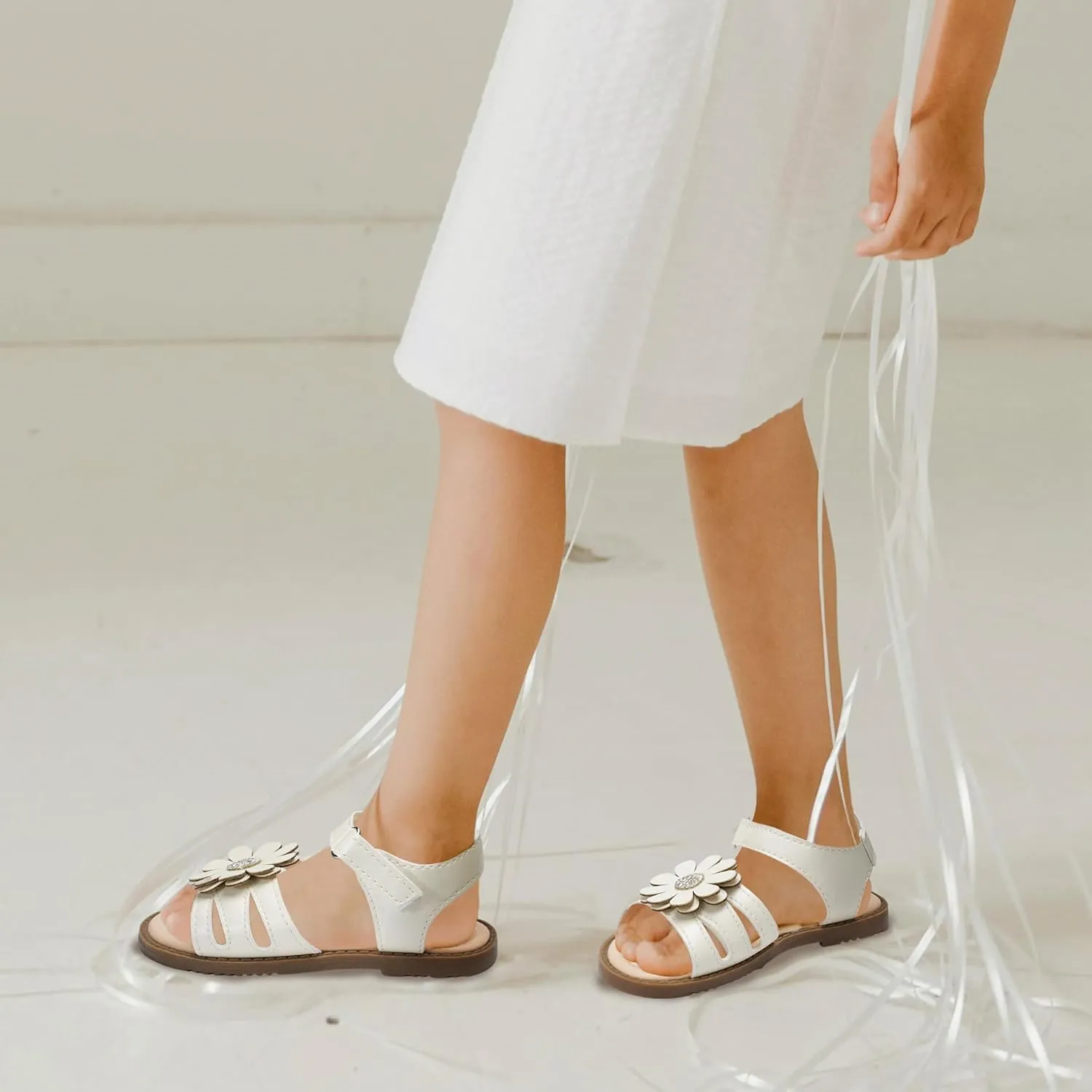 Dodow Girls Sandals Open Toe Hook and Loop Flat Dress Sandals Summer Shoes for Toddler Little Kid