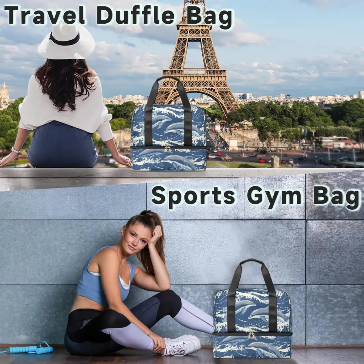 Dolphins Theme Travel Duffel Bag Dry Wet Separated Sports Tote Travel Duffle Bag Gym Workout Bag Women Travel Duffel Bag for Women, Travel, Gym, Work