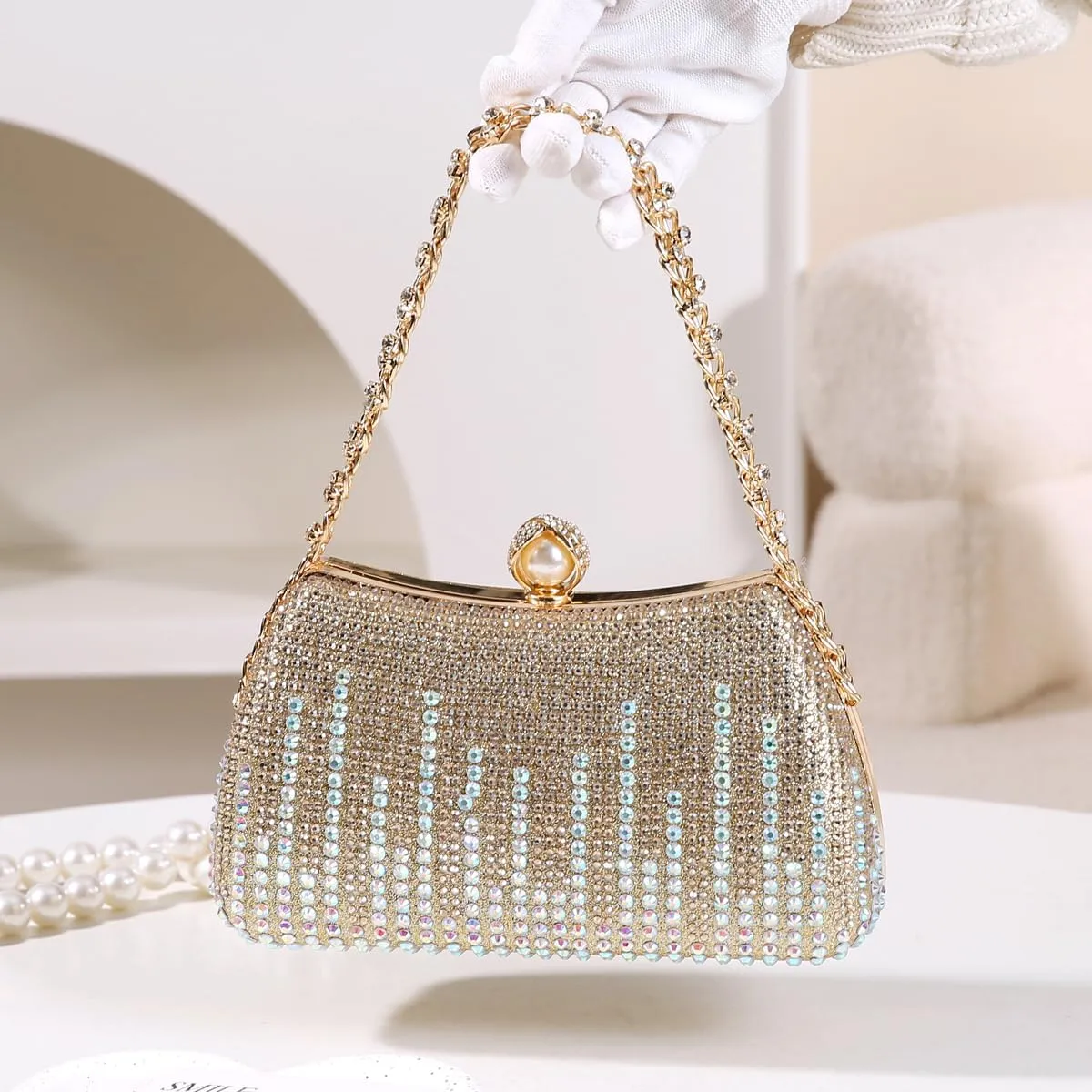 Dreubea Womens Fashion Rhinestone Evening Handbag with Chain Shiny Tote Clutch Bag