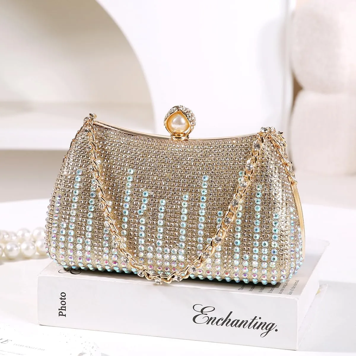 Dreubea Womens Fashion Rhinestone Evening Handbag with Chain Shiny Tote Clutch Bag