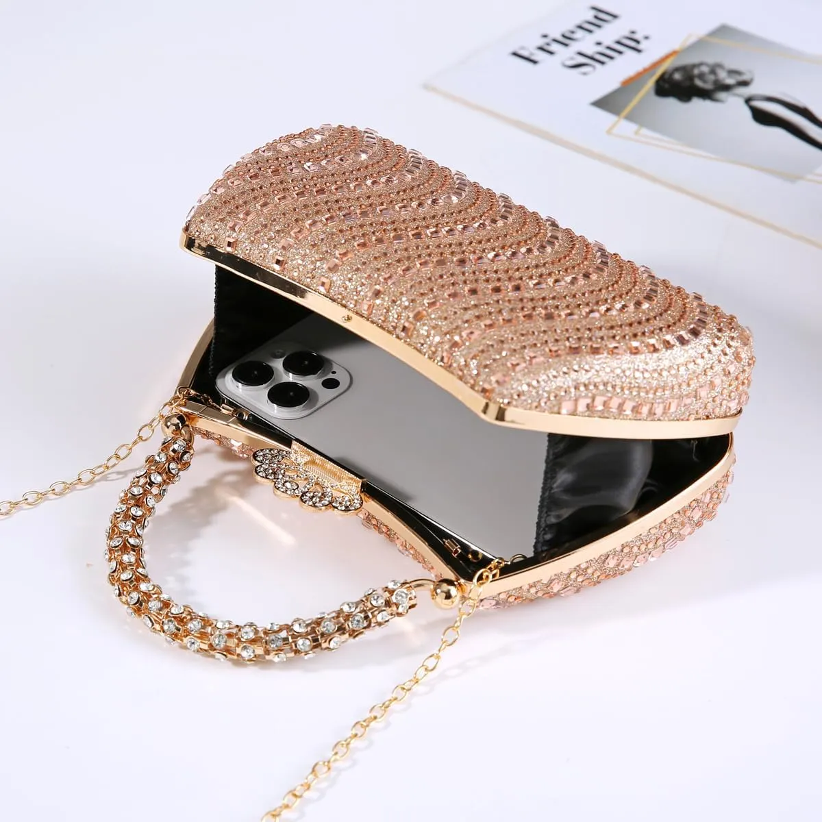 Dreubea Womens Shiny Tote Evening Bag Fashion Rhinestone Decrated Handbag