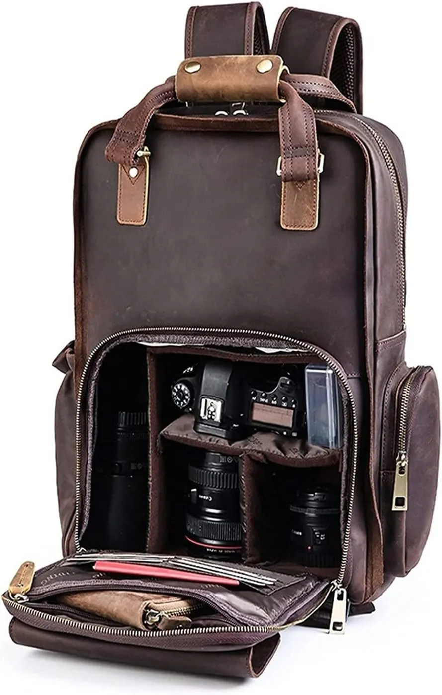 DSLR Camera Backpack Vintage Crazy Horse Leather Photography Shoulder Bag Outdoor Casual Rucksack Hiking