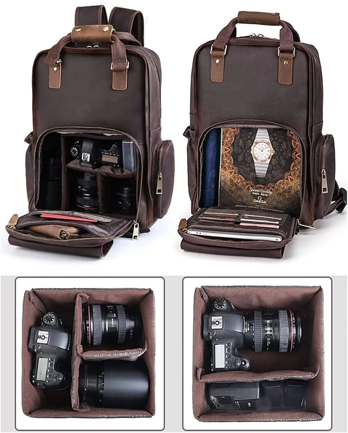 DSLR Camera Backpack Vintage Crazy Horse Leather Photography Shoulder Bag Outdoor Casual Rucksack Hiking