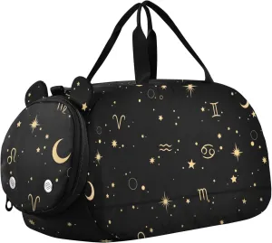 Duffel Bags for Boys Girls Golden Zodiac Signs and Stars Dance Bag Small Gym Bags for Kids Teens