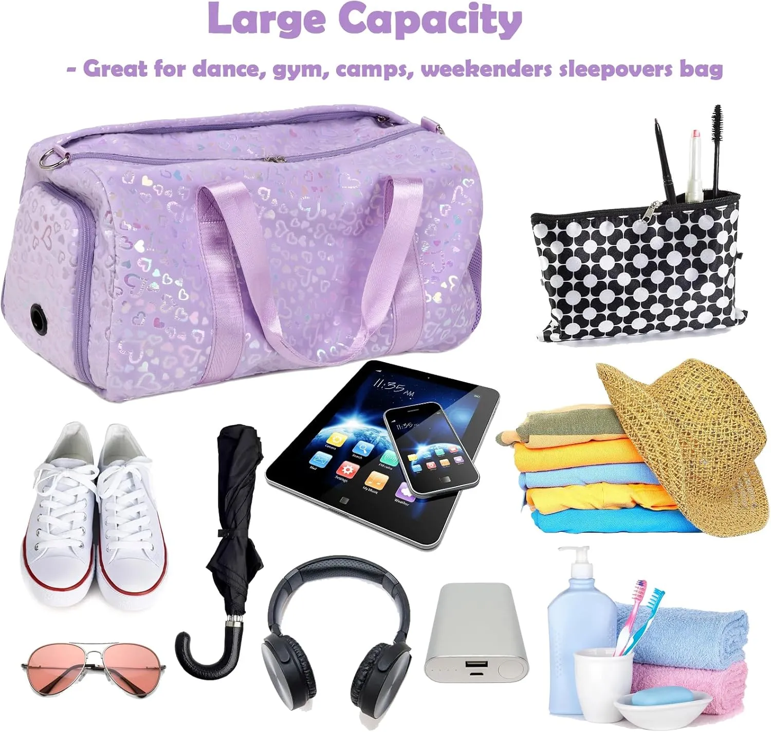 Duffle Bags for Girls, Purple Soft Plush Large-capacity Dance Ballet Gymnastics Sport Overnight Travel Sleepover Bags with Shoe Compartment for Women Girls