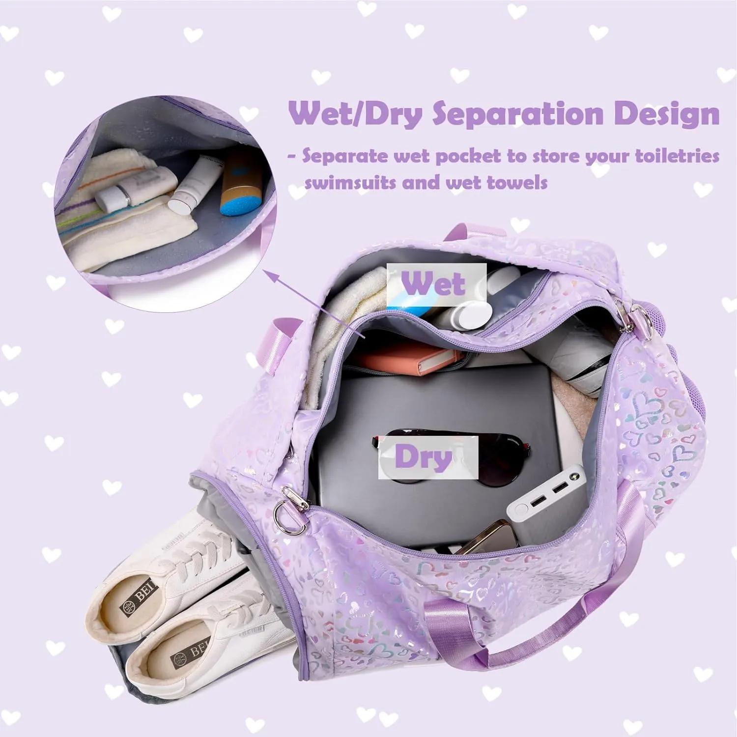 Duffle Bags for Girls, Purple Soft Plush Large-capacity Dance Ballet Gymnastics Sport Overnight Travel Sleepover Bags with Shoe Compartment for Women Girls