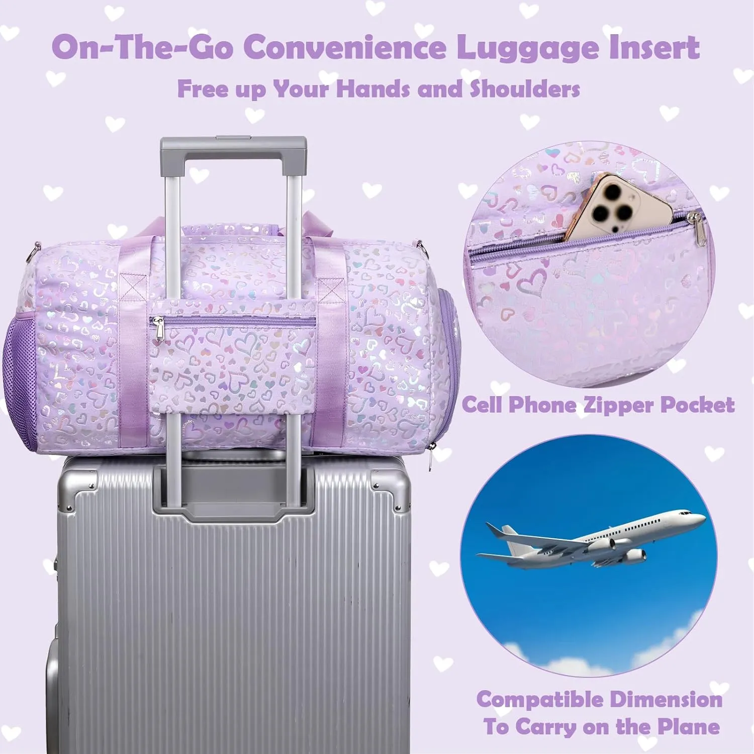 Duffle Bags for Girls, Purple Soft Plush Large-capacity Dance Ballet Gymnastics Sport Overnight Travel Sleepover Bags with Shoe Compartment for Women Girls