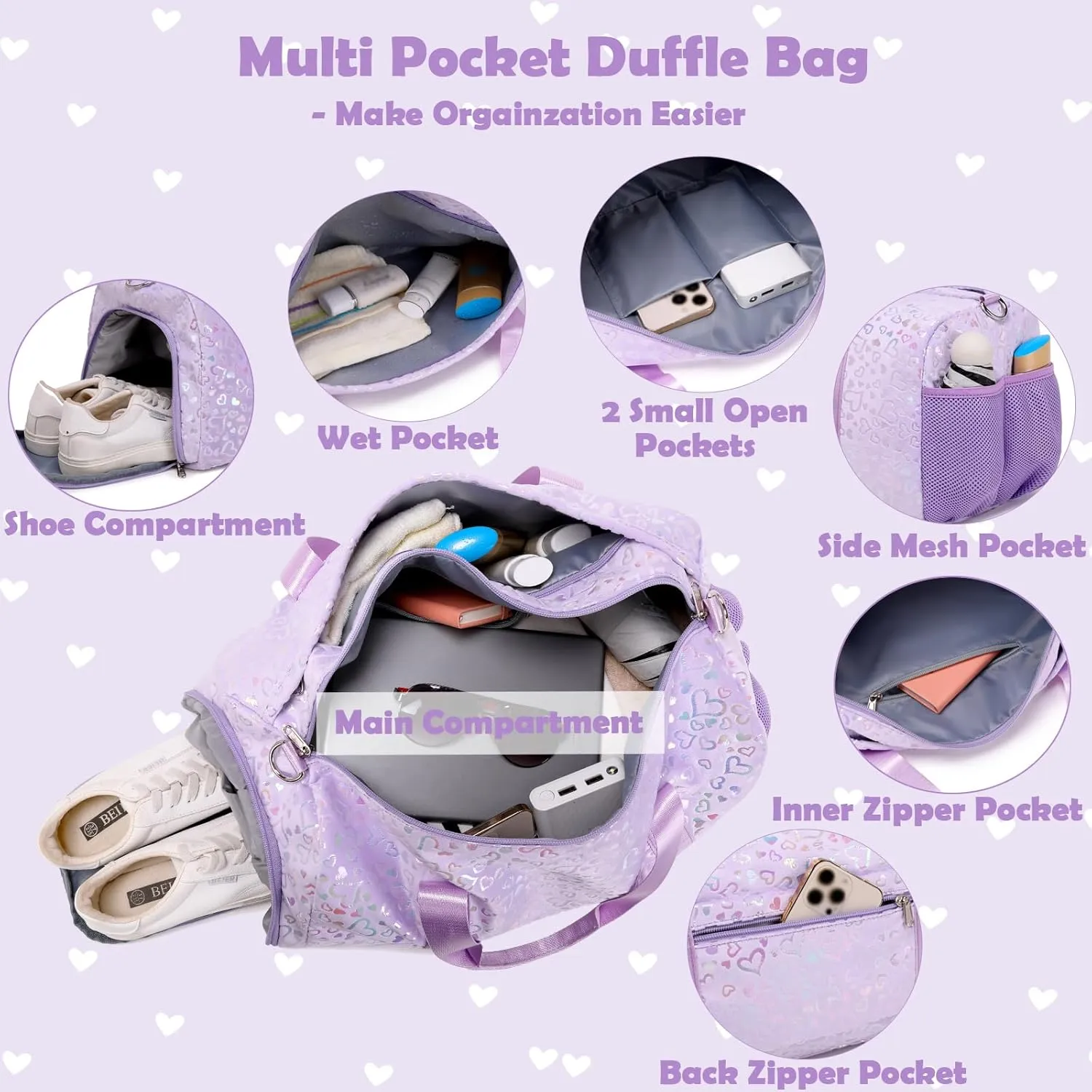 Duffle Bags for Girls, Purple Soft Plush Large-capacity Dance Ballet Gymnastics Sport Overnight Travel Sleepover Bags with Shoe Compartment for Women Girls