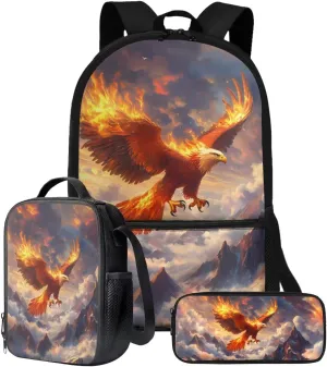 Eagle Fire Snowmass Print School Backpack Set of 3 with Lunch Box and Pencil Case, Kids Teens Primary Elementary Student Backpack Casual Daypack with Zipper Pocket and Handle