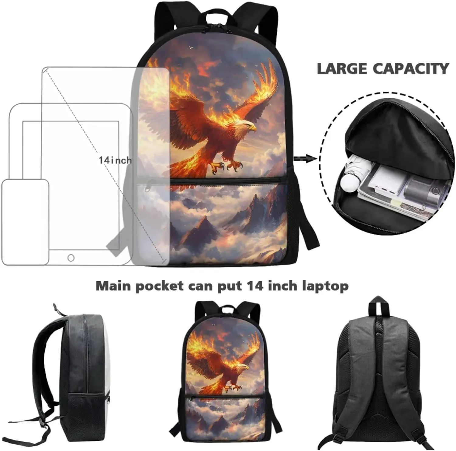 Eagle Fire Snowmass Print School Backpack Set of 3 with Lunch Box and Pencil Case, Kids Teens Primary Elementary Student Backpack Casual Daypack with Zipper Pocket and Handle