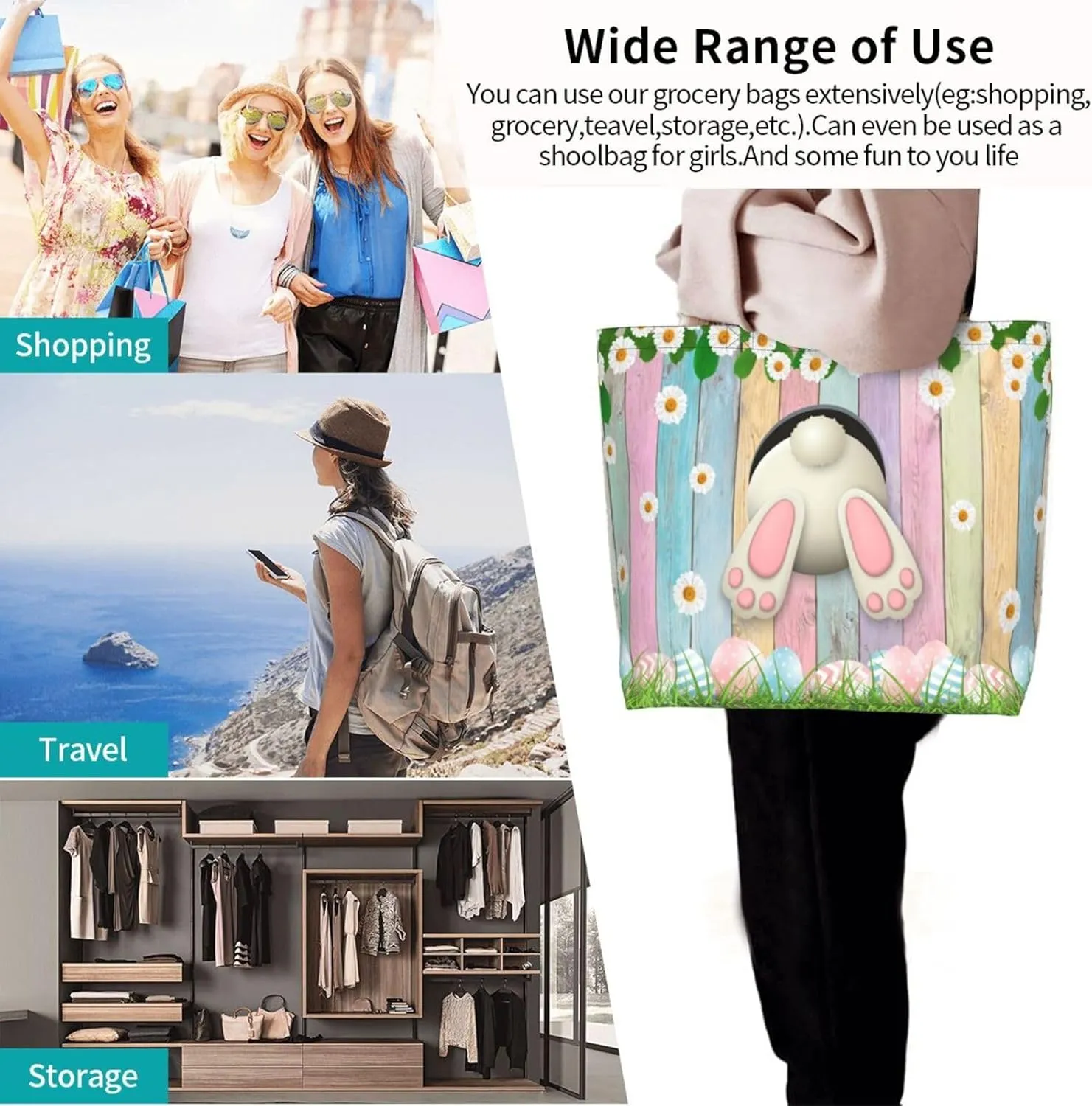 Easter Bags, Easter Bunny Tote Bag for Women Men Reusable Rabbits Shoulder Bag for Shopping, Beach, Travel, Work, Gym