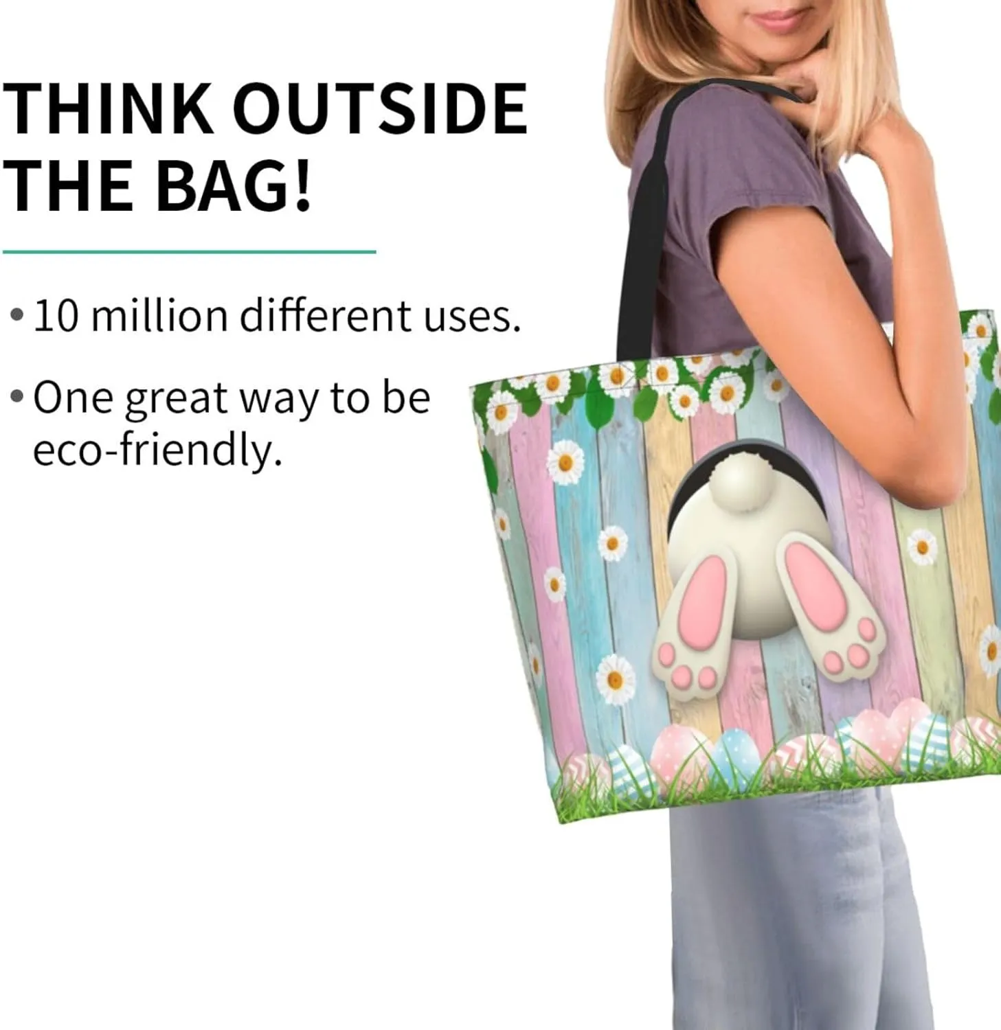 Easter Bags, Easter Bunny Tote Bag for Women Men Reusable Rabbits Shoulder Bag for Shopping, Beach, Travel, Work, Gym