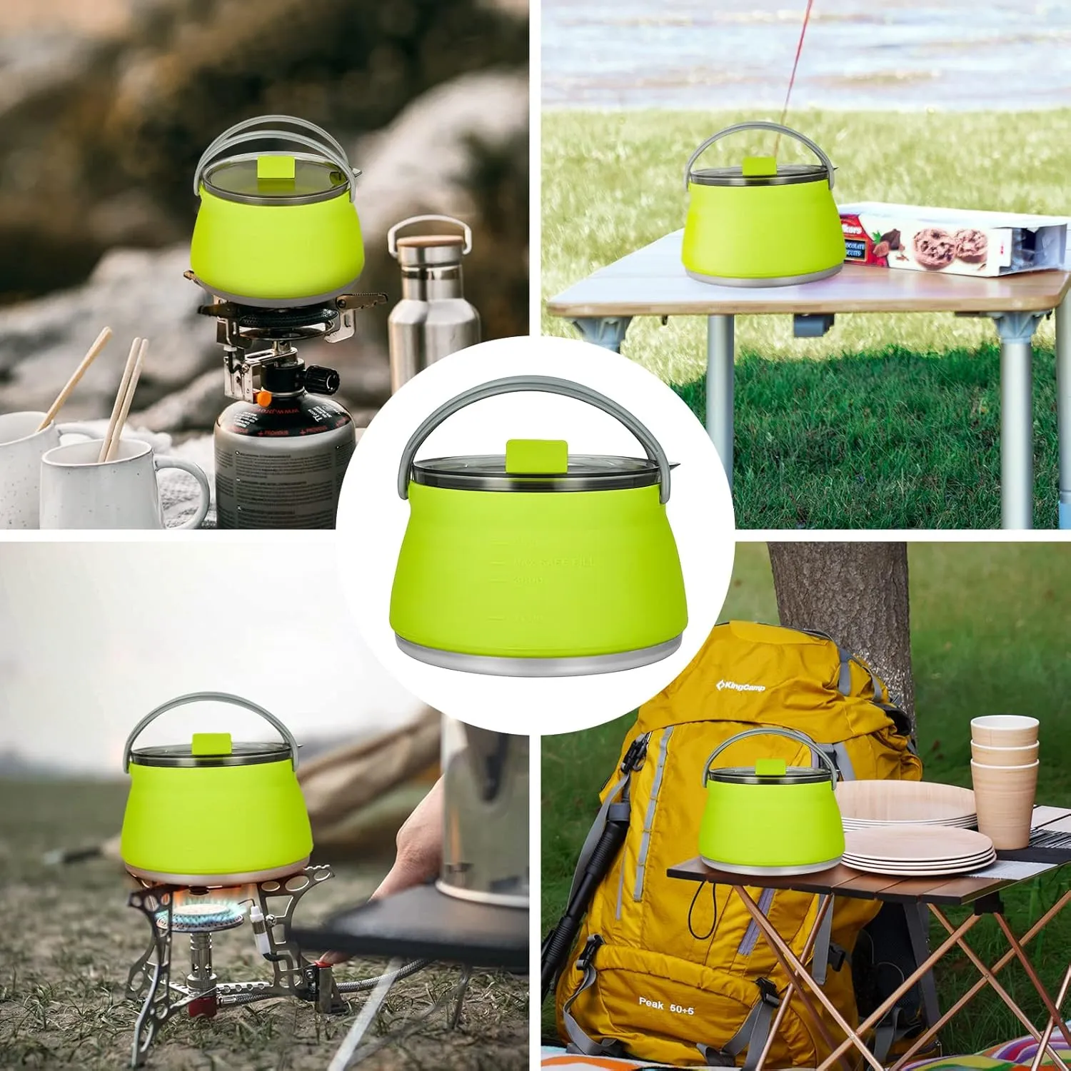 EEZEE 1L Collapsible Camping Kettle Portable Travel Kettle Folding Silicone Camping Cook Pot Foldable Compact Hiking Water Boiler and Warmer with Lid BPA-Free Backpacking Pot