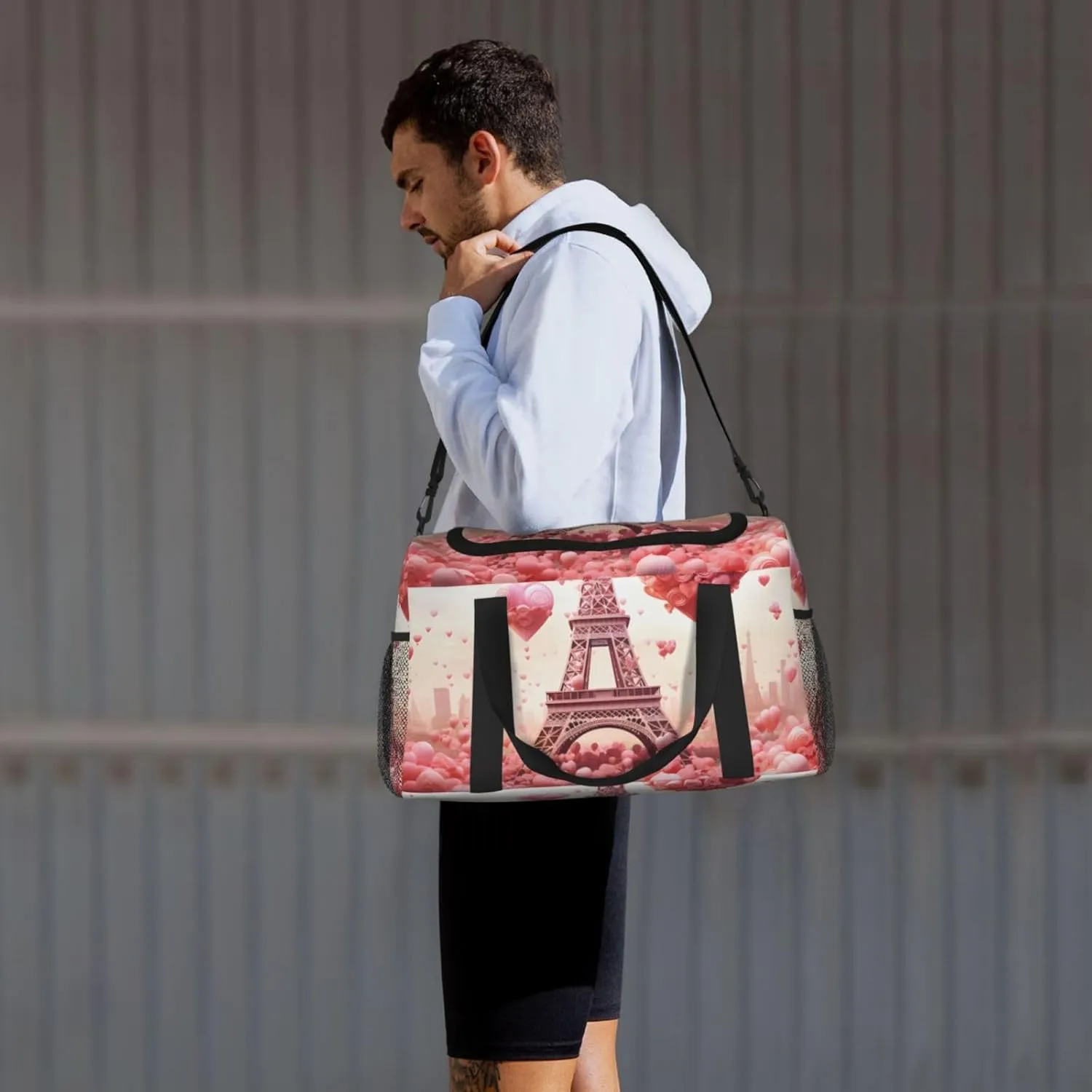 Eiffel Tower Love Duffle Bag Foldable Travel Tote Bag Carry On Large Weekender Overnight Bags Waterproof Gym Bag For Women Men