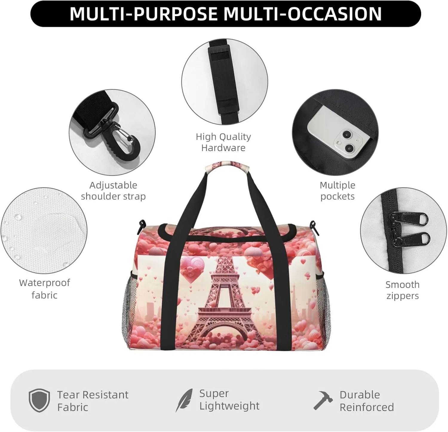 Eiffel Tower Love Duffle Bag Foldable Travel Tote Bag Carry On Large Weekender Overnight Bags Waterproof Gym Bag For Women Men