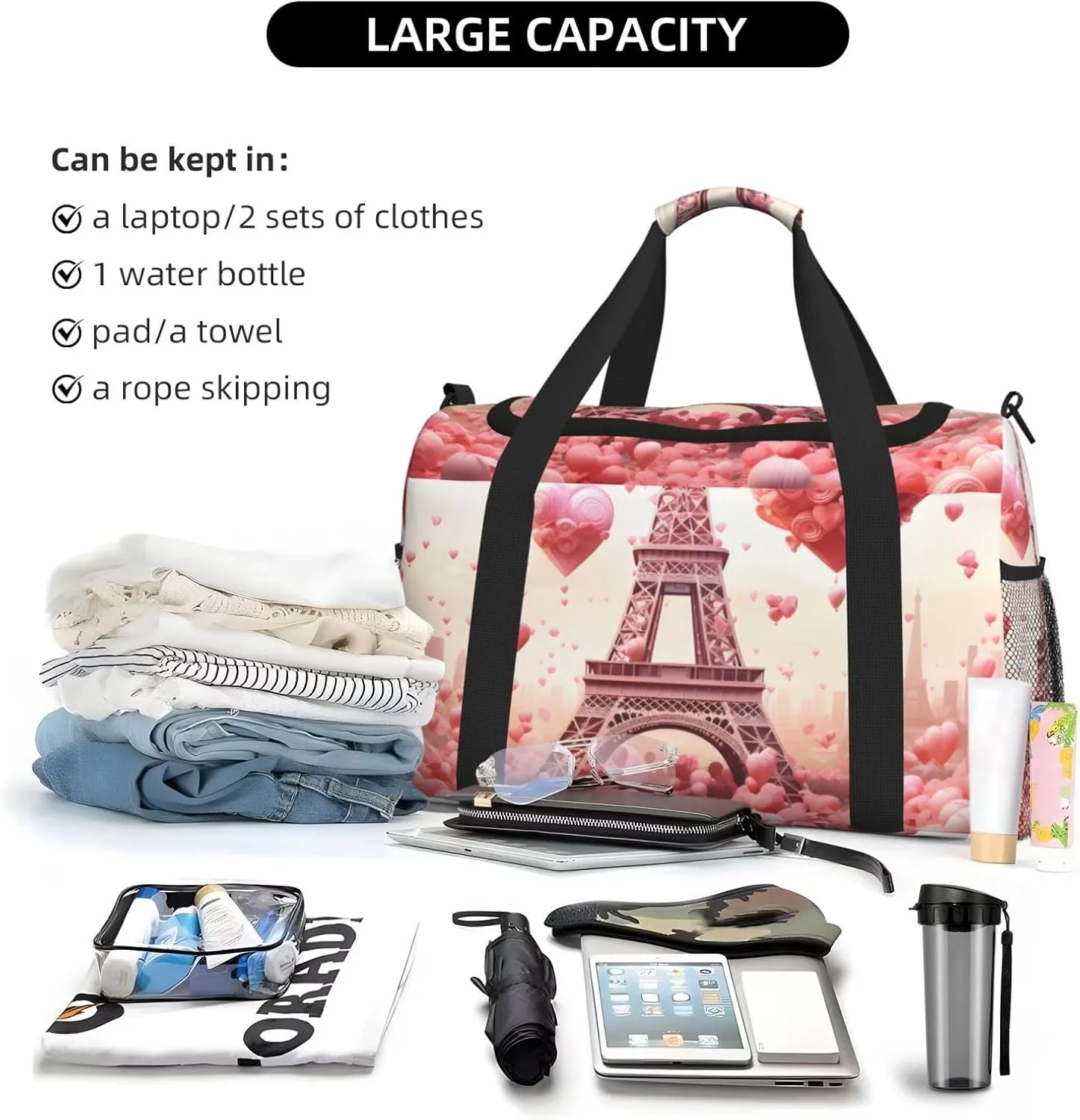 Eiffel Tower Love Duffle Bag Foldable Travel Tote Bag Carry On Large Weekender Overnight Bags Waterproof Gym Bag For Women Men