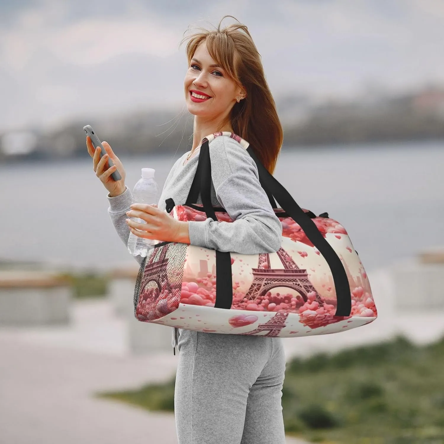 Eiffel Tower Love Duffle Bag Foldable Travel Tote Bag Carry On Large Weekender Overnight Bags Waterproof Gym Bag For Women Men