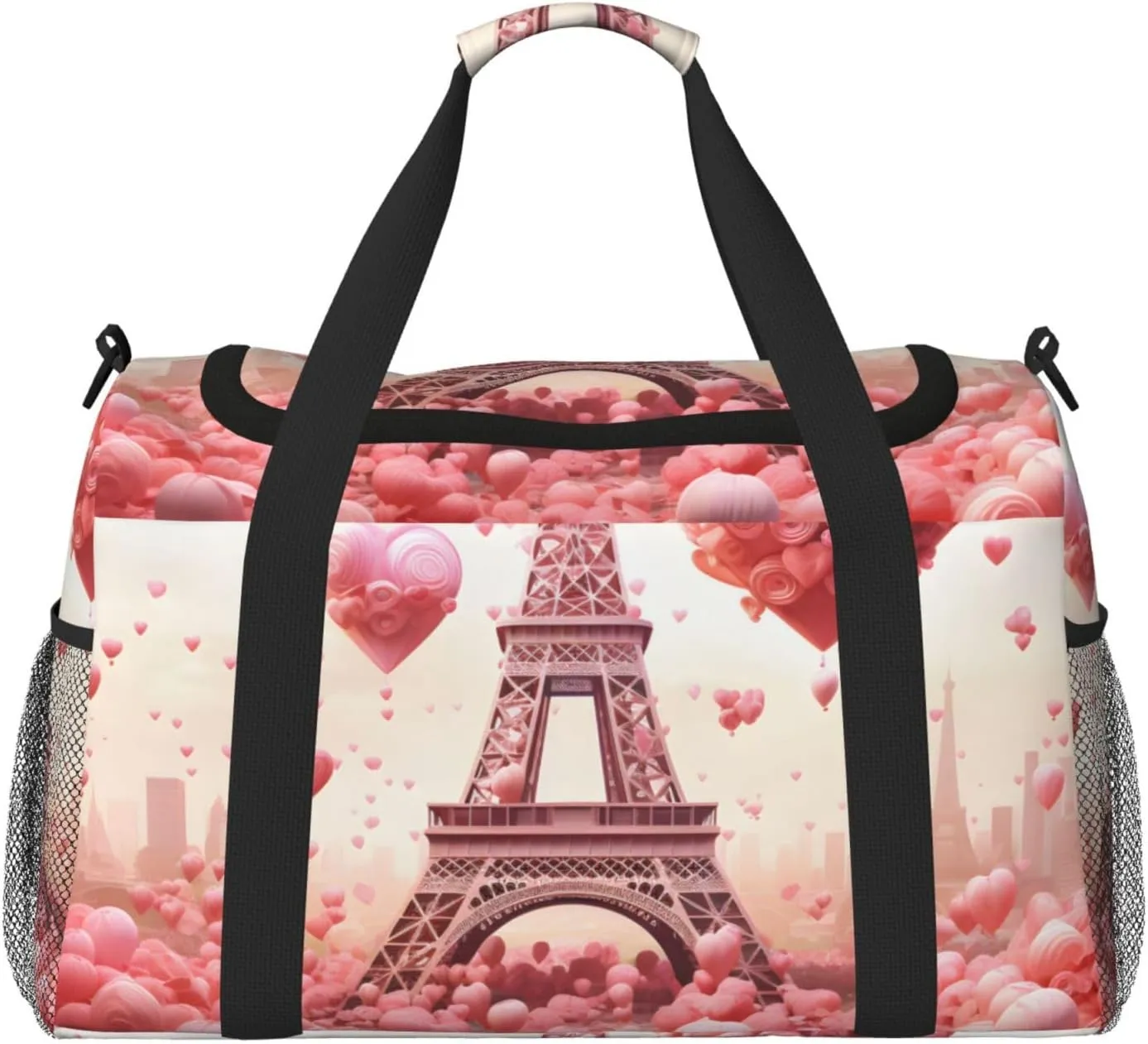Eiffel Tower Love Duffle Bag Foldable Travel Tote Bag Carry On Large Weekender Overnight Bags Waterproof Gym Bag For Women Men