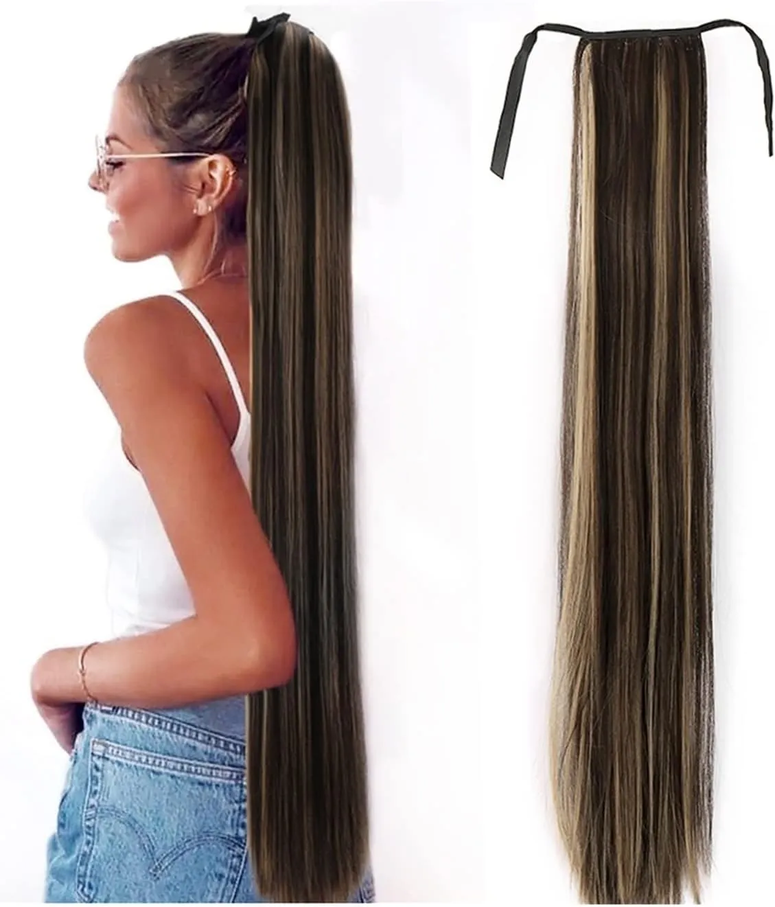 ENGENDER Hair Bun 1 Pack Long Straight Drawstring Hair Clip Ponytail Extension Synthetic Wig Hair Extensions Bun for Everyday Party Use Hair Piece(01,75CM)