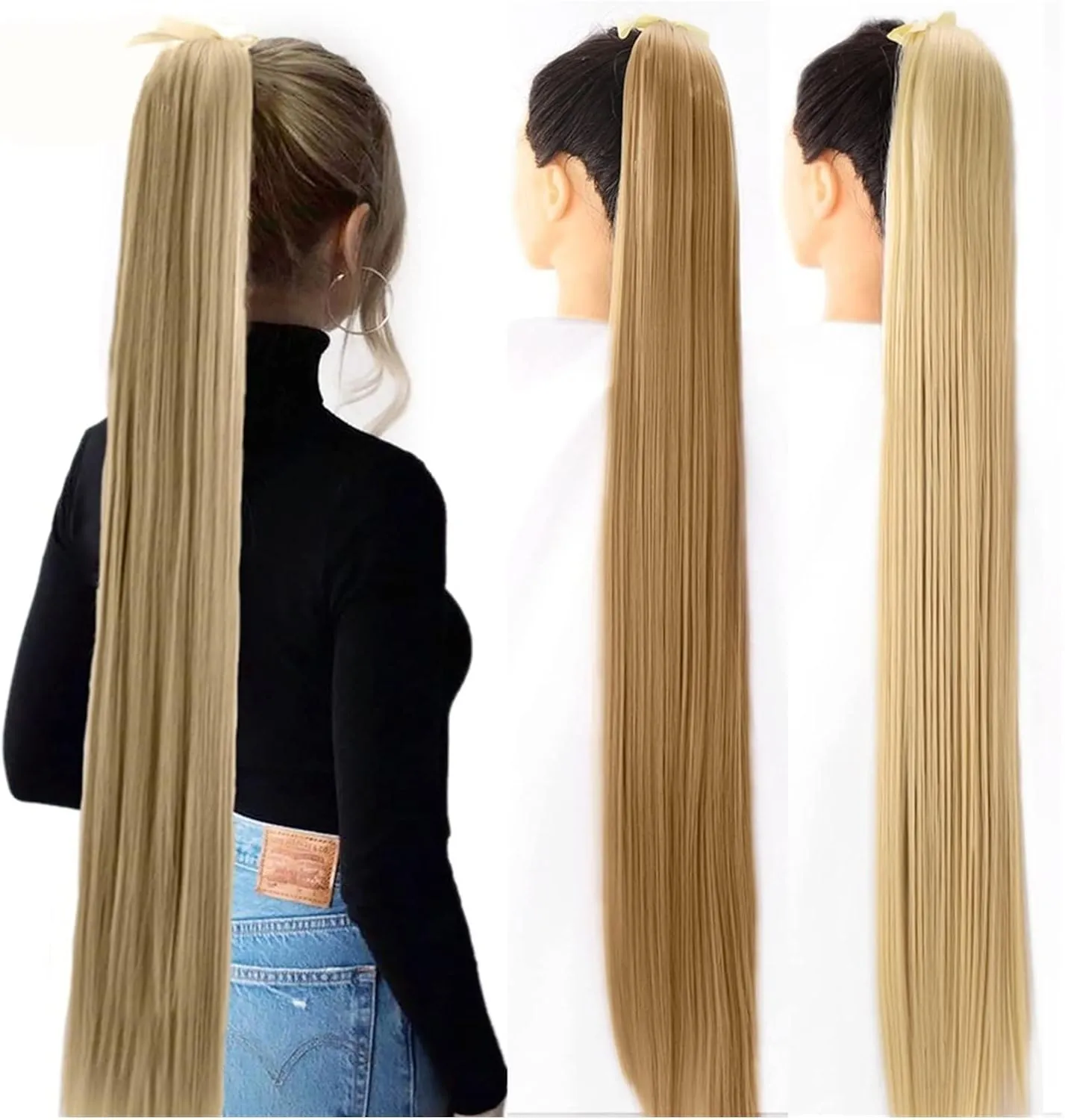 ENGENDER Hair Bun 1 Pack Long Straight Drawstring Hair Clip Ponytail Extension Synthetic Wig Hair Extensions Bun for Everyday Party Use Hair Piece(01,75CM)