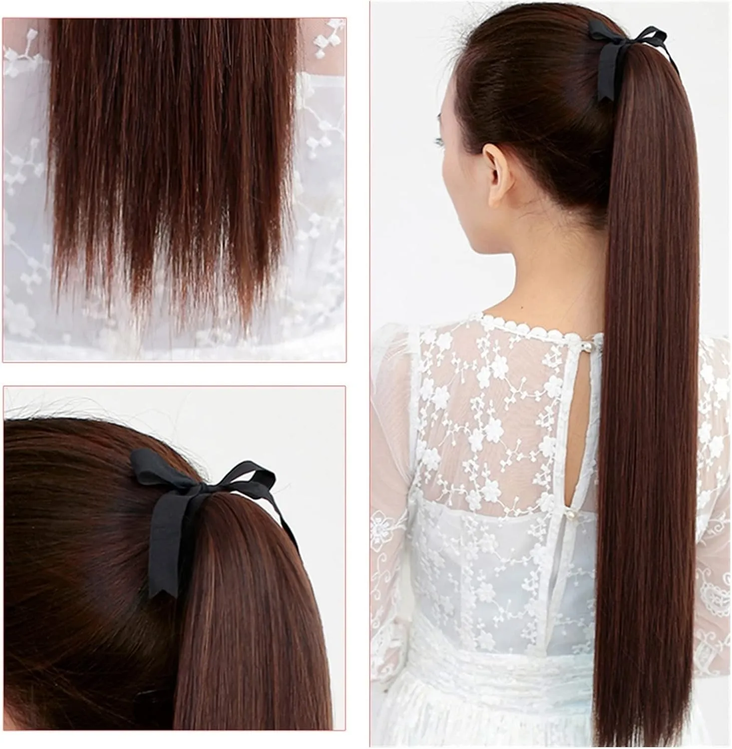 ENGENDER Hair Bun 1 Pack Long Straight Drawstring Hair Clip Ponytail Extension Synthetic Wig Hair Extensions Bun for Everyday Party Use Hair Piece(01,75CM)