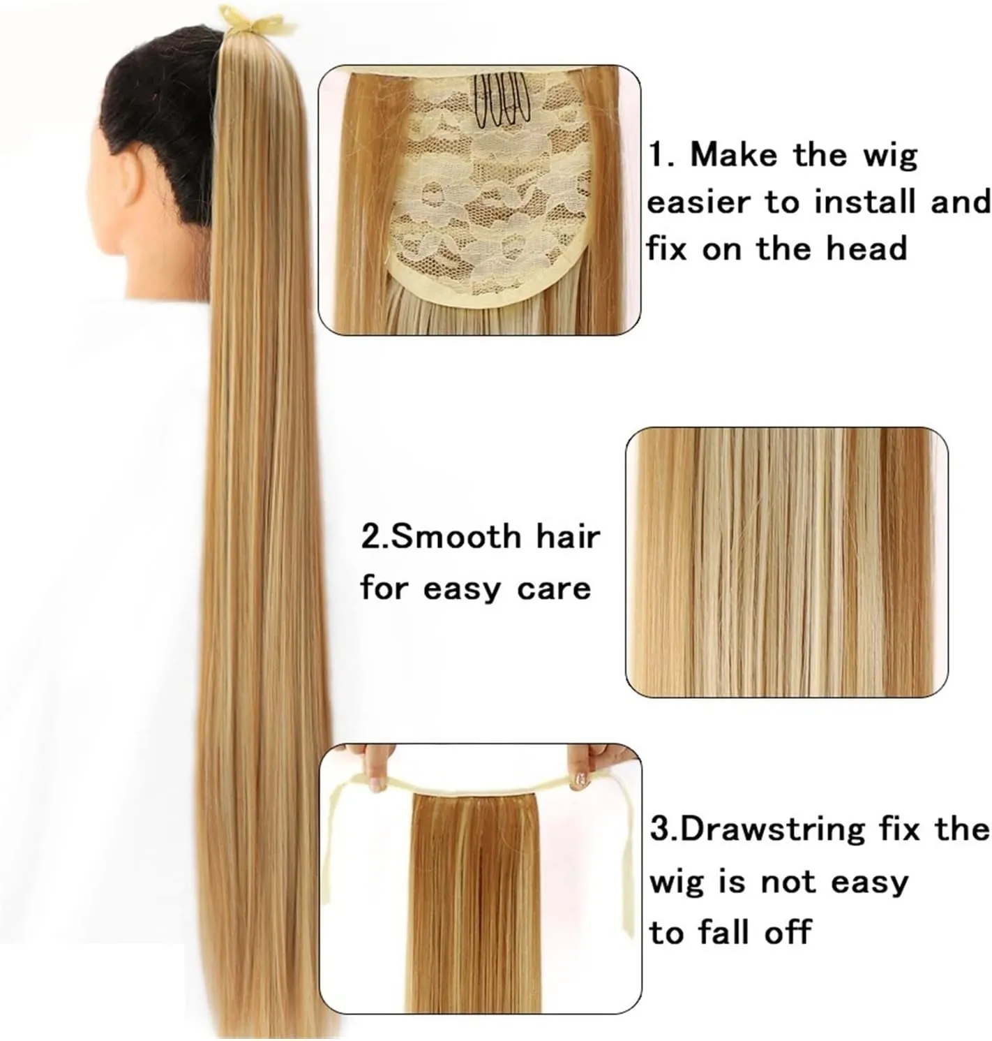 ENGENDER Hair Bun 1 Pack Long Straight Drawstring Hair Clip Ponytail Extension Synthetic Wig Hair Extensions Bun for Everyday Party Use Hair Piece(01,75CM)