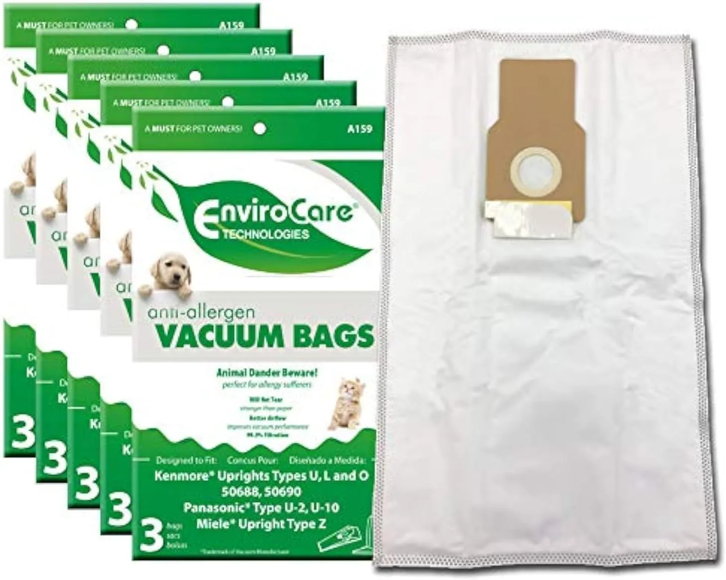 EnviroCare Replacement Anti-Allergen Vacuum Bags for Kenmore 50688 and 50690, L, and O, Panasonic Type U-2, U-10 Uprights 15 Pack, White
