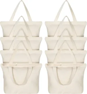 Epakh 8 Pack Canvas Tote with Zipper 16.5 x 13 x 4 Inch Reusable Grocery Bag, Foldable Shopper, Washable Beach Tote, Shoulder Bag for Women Mothers and Brides (Beige)