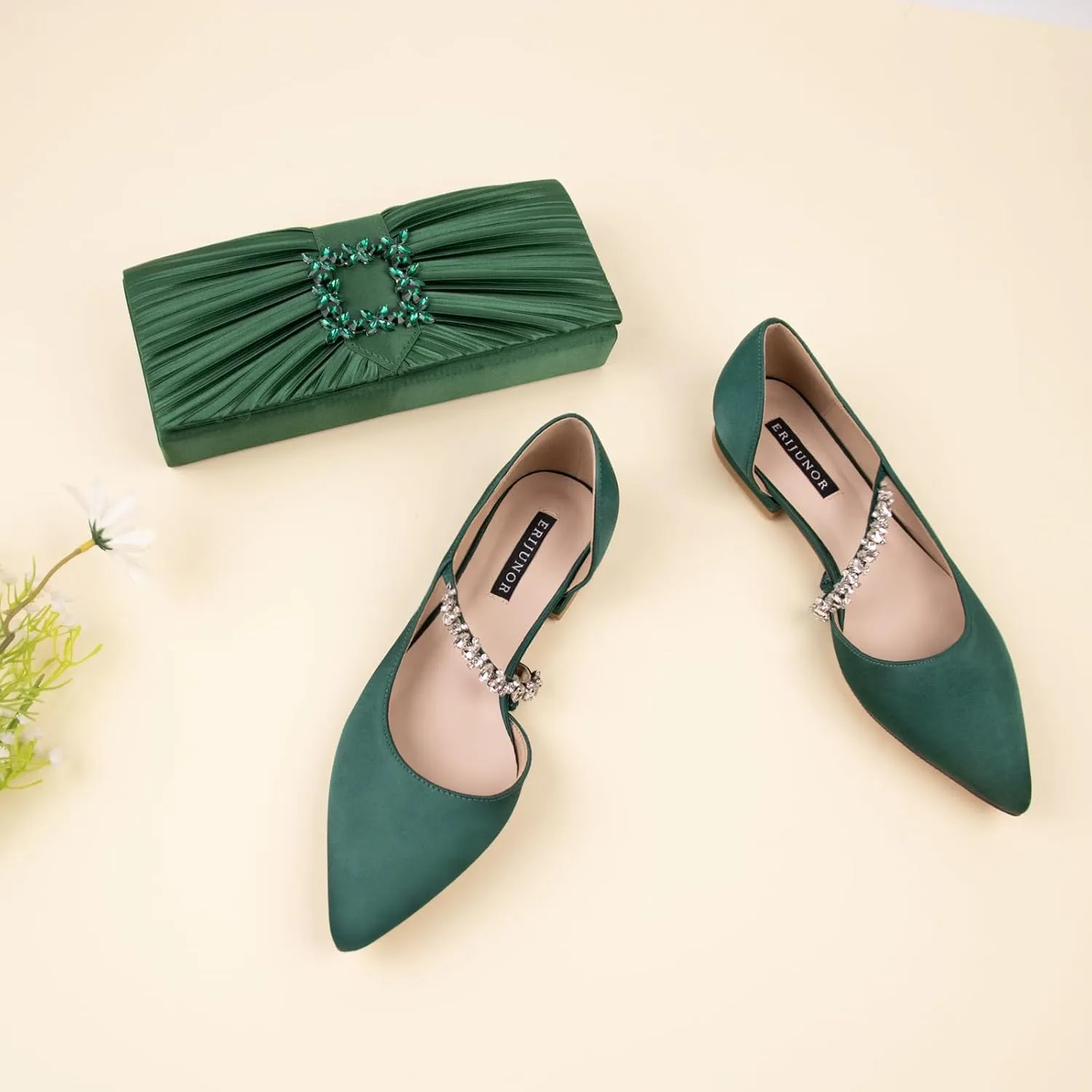 ERIJUNOR E0168F Women Comfortable Low Heel Pointy Toe Pumps Wedding Party Shoes
