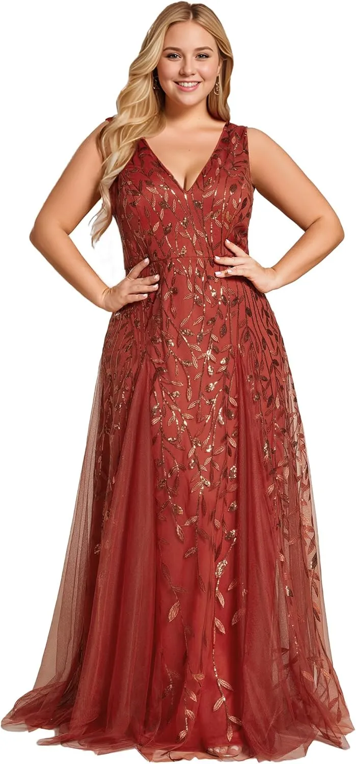 Ever-Pretty Womens Plus Size V Neck A-line Sleeveless Sequin Emboridery Formal Dresses