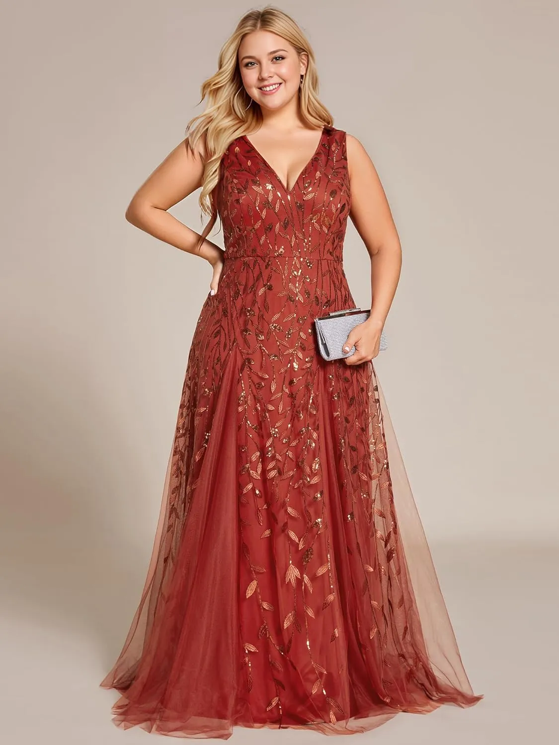 Ever-Pretty Womens Plus Size V Neck A-line Sleeveless Sequin Emboridery Formal Dresses