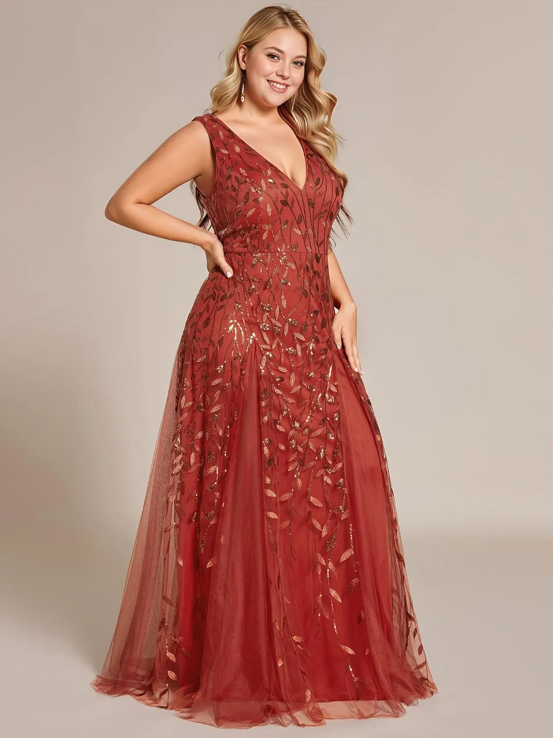 Ever-Pretty Womens Plus Size V Neck A-line Sleeveless Sequin Emboridery Formal Dresses