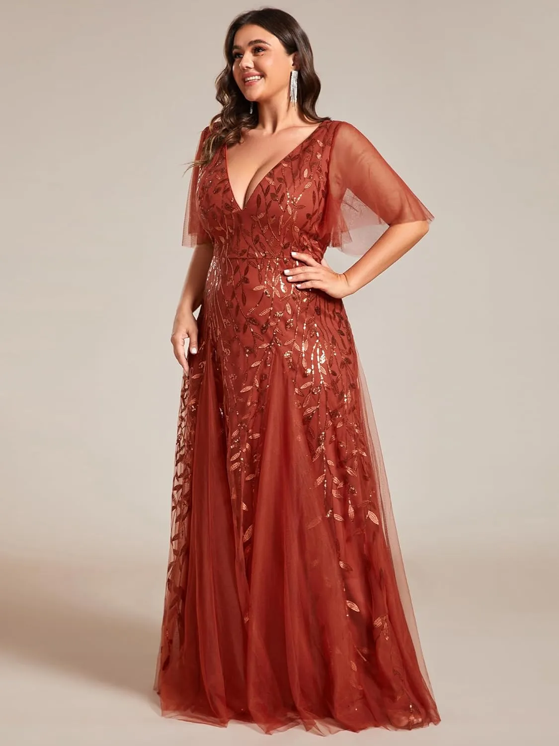 Ever-Pretty Womens Plus Size V-Neck Sequin Emboridery Formal Evening Dresses with Sleeves 00736-DA