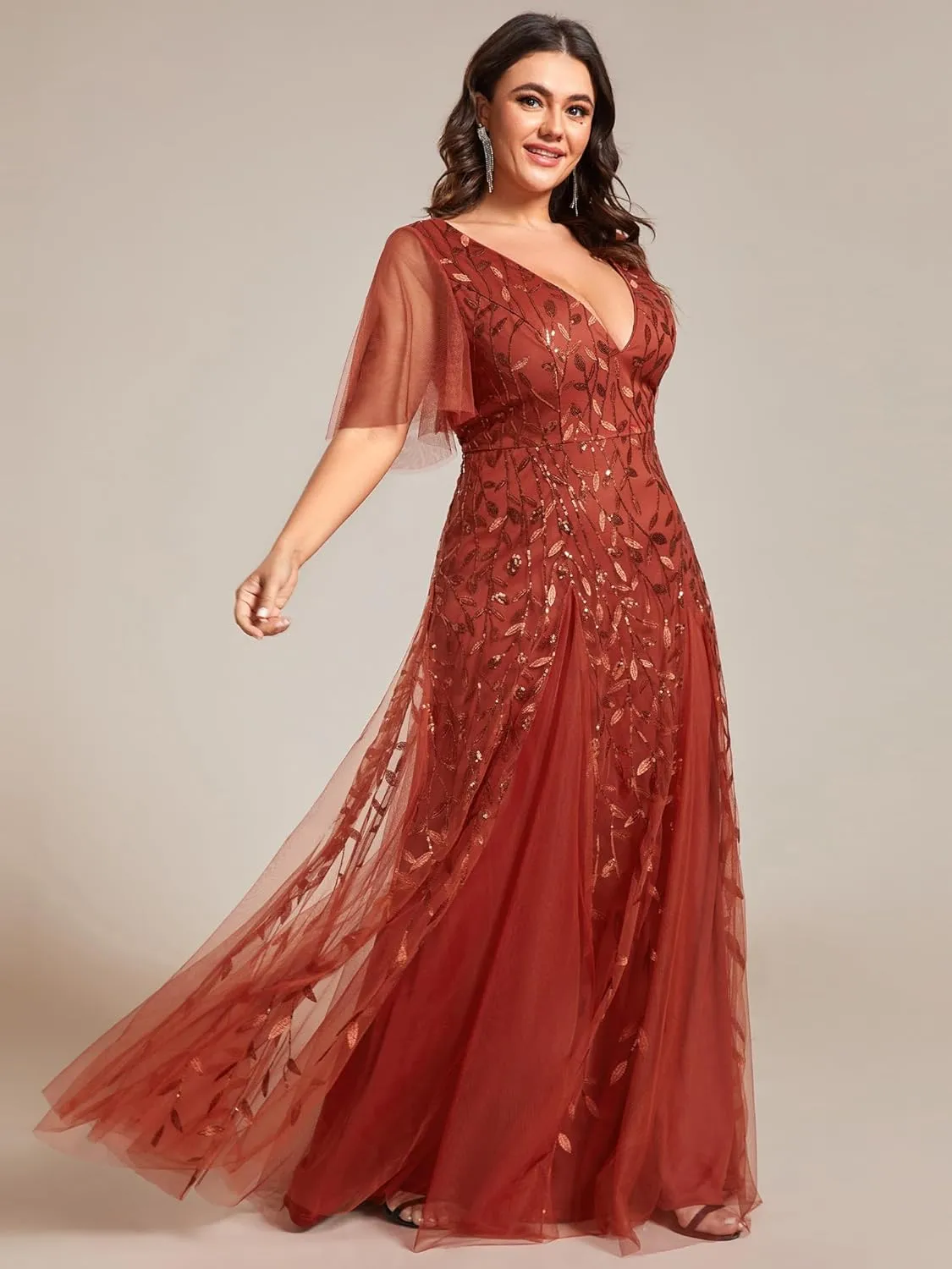 Ever-Pretty Womens Plus Size V-Neck Sequin Emboridery Formal Evening Dresses with Sleeves 00736-DA