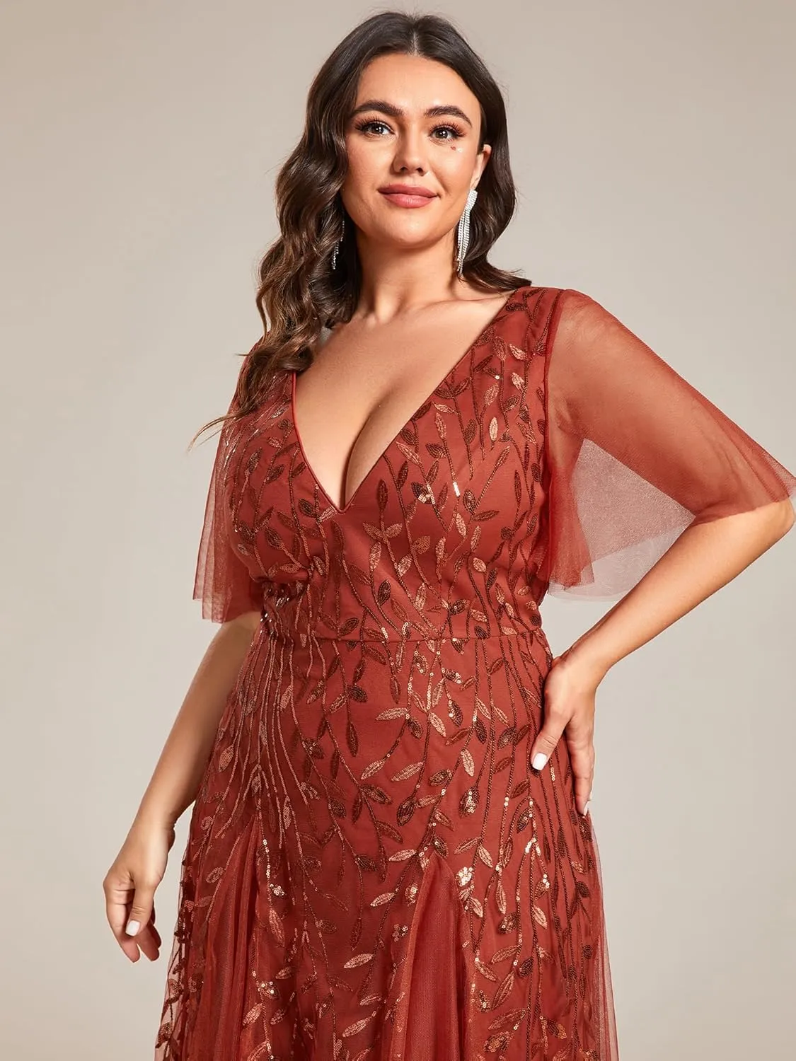 Ever-Pretty Womens Plus Size V-Neck Sequin Emboridery Formal Evening Dresses with Sleeves 00736-DA