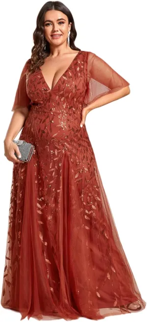 Ever-Pretty Womens Plus Size V-Neck Sequin Emboridery Formal Evening Dresses with Sleeves 00736-DA